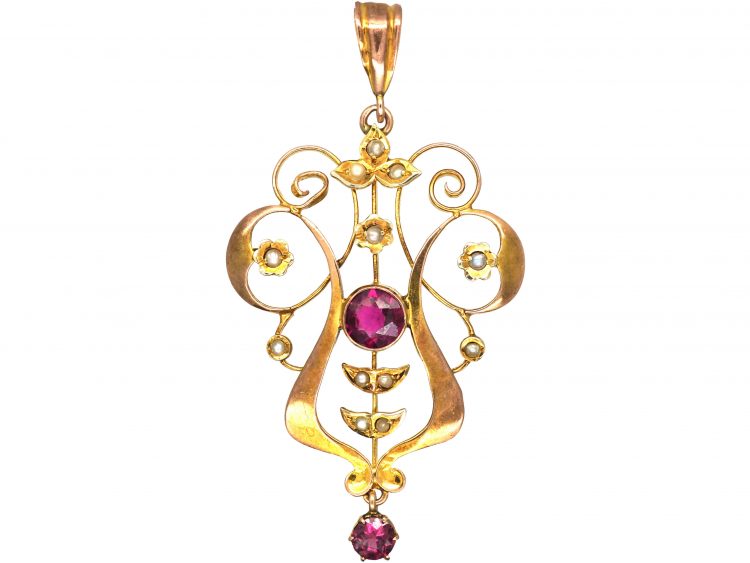 Edwardian 9ct Gold Pendant set with Garnets & Natural Split Pearls