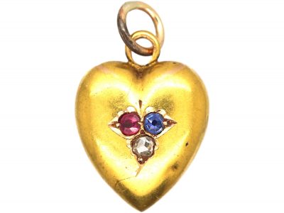 Edwardian 15ct Gold Heart Pendant set with a Sapphire, Ruby & Rose Diamond