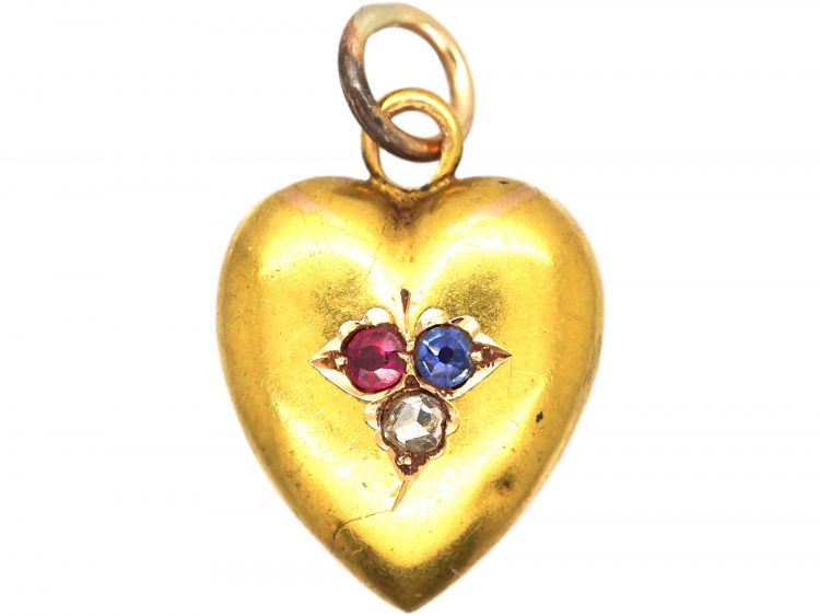 Edwardian 15ct Gold Heart Pendant set with a Sapphire, Ruby & Rose Diamond