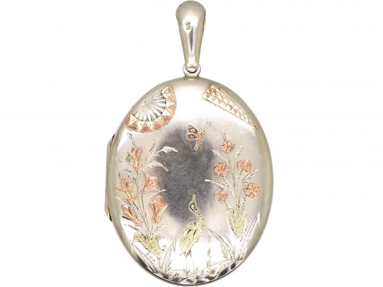 Victorian Silver & Gold Overlay Locket with Crane & Dragonfly Detail