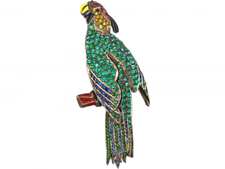 Art Deco Large Silver, Enamel & Coloured Paste Brooch of a Parrot