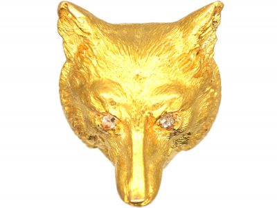 Edwardian 15ct Gold Brooch of a Fox Head with Rose Diamond Eyes