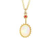 Edwardian 15ct Gold, Opal & Ruby Pendant on 9ct Gold Chain