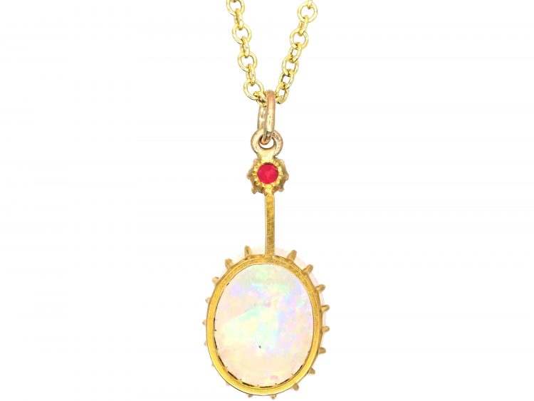 Edwardian 15ct Gold, Opal & Ruby Pendant on 9ct Gold Chain