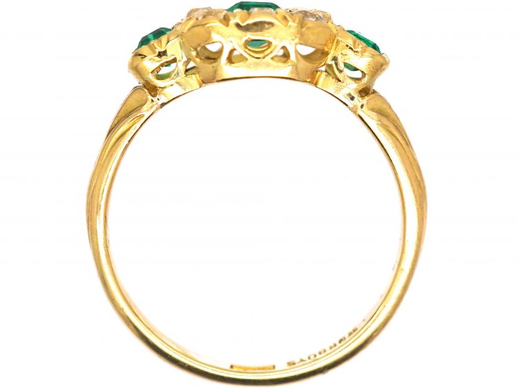 Victorian 18ct Gold, Emerald & Diamond Cluster Ring with an Emerald on Each Side