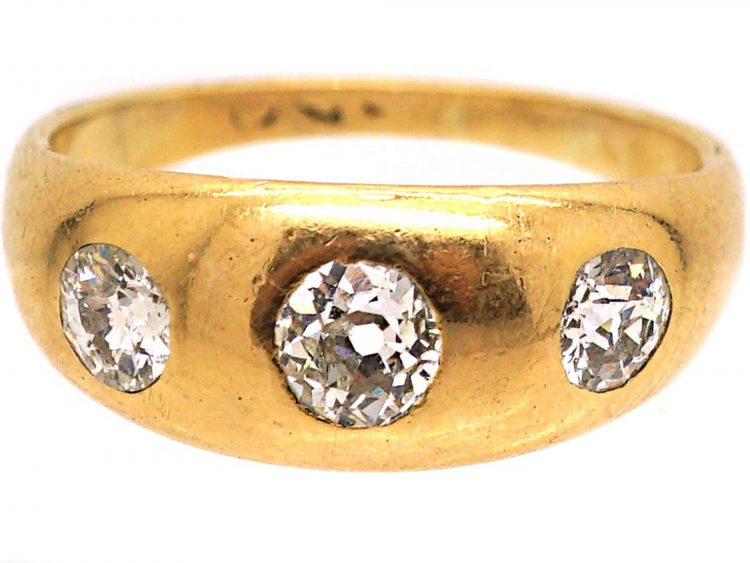 Victorian 18ct Gold & Three Stone Diamond Rub Over Set Ring