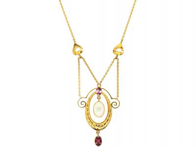 Edwardian 9ct Gold Necklace set with Opals & Garnets by Murrle Bennett & Co