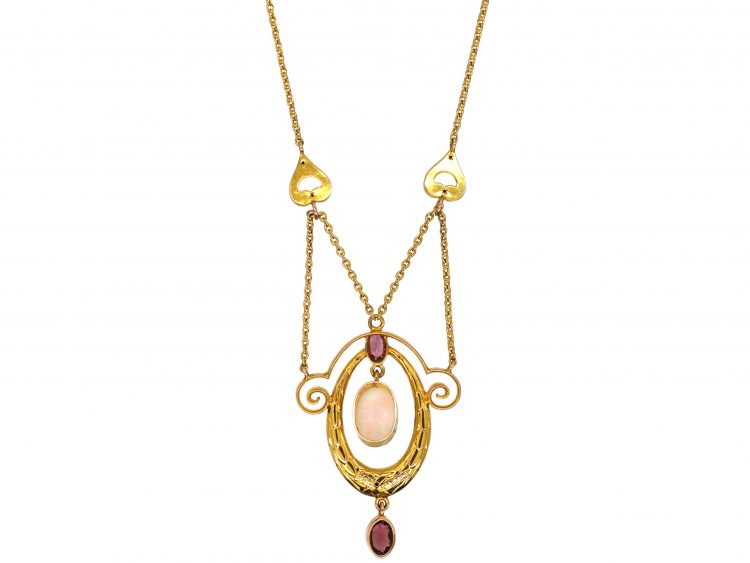 Edwardian 9ct Gold Necklace set with Opals & Garnets by Murrle Bennett & Co