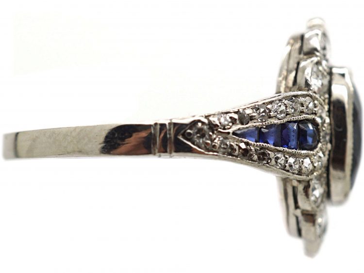 Art Deco 18ct White Gold, Sapphire & Diamond Cluster Ring with Sapphire & Diamond Shoulders