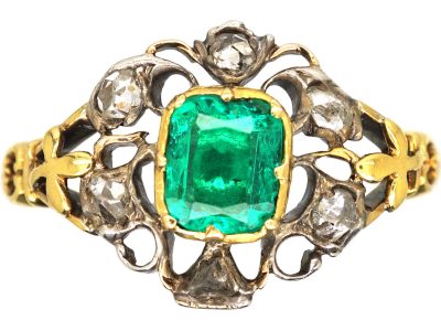 Georgian 18ct Gold & Silver, Emerald & Diamond Ring