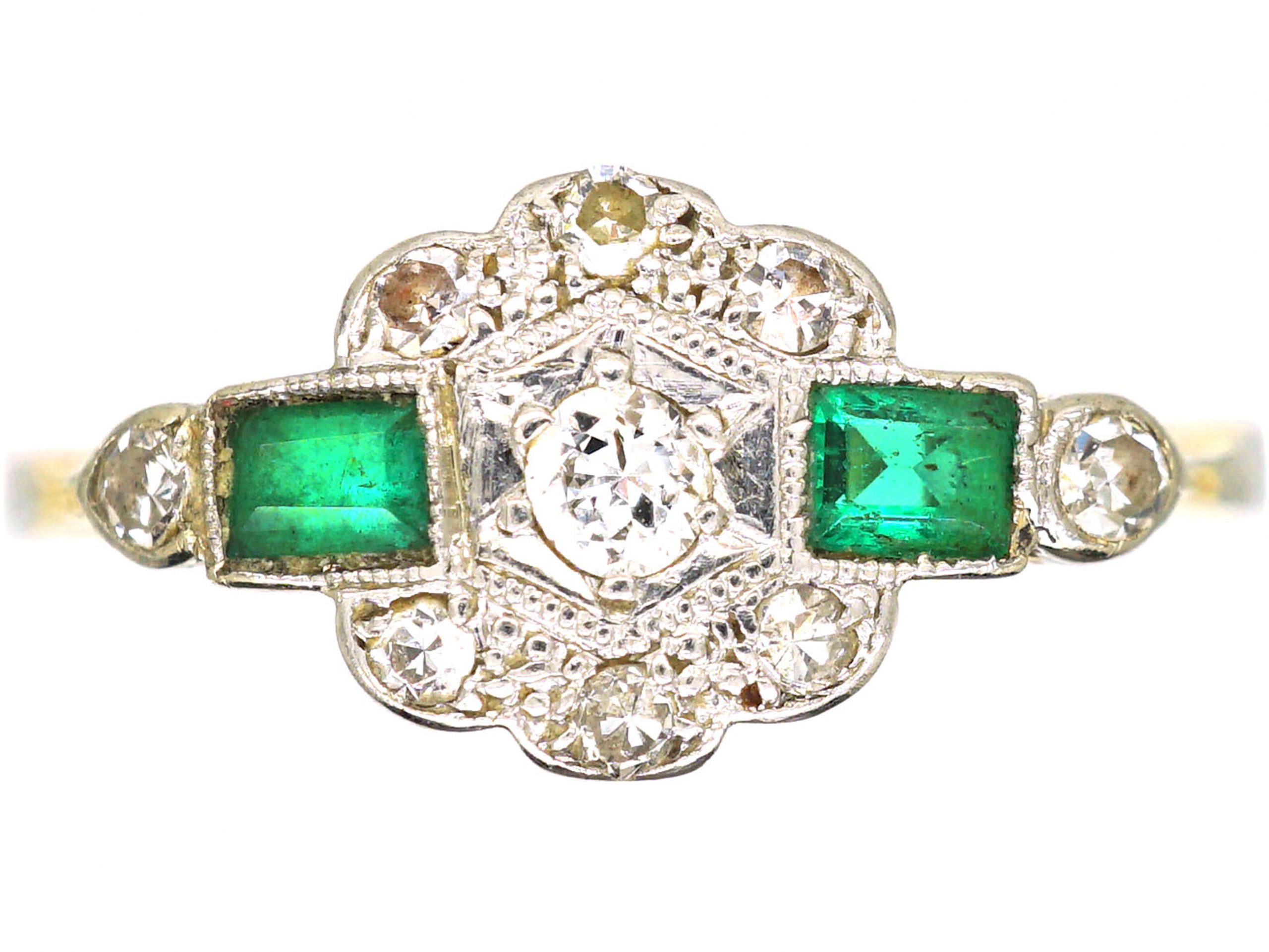 Art Deco 18ct Gold & Platinum, Emerald & Diamond Cluster Ring (873T ...