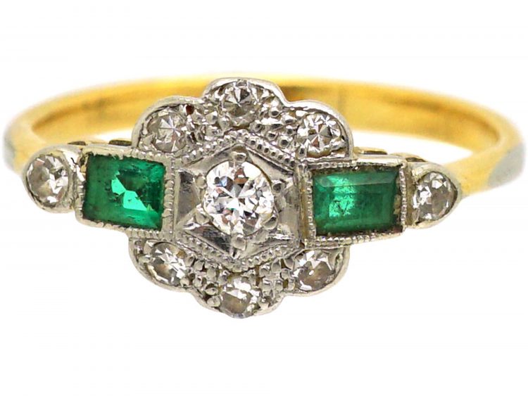 Art Deco 18ct Gold & Platinum, Emerald & Diamond Cluster Ring