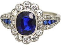 Art Deco 18ct White Gold, Sapphire & Diamond Cluster Ring with Sapphire & Diamond Shoulders