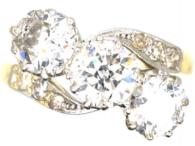 Early 20th Century 18ct Gold & Platinum, Three Stone Diamond Crossover Ring  with Diamond Set Shoulders