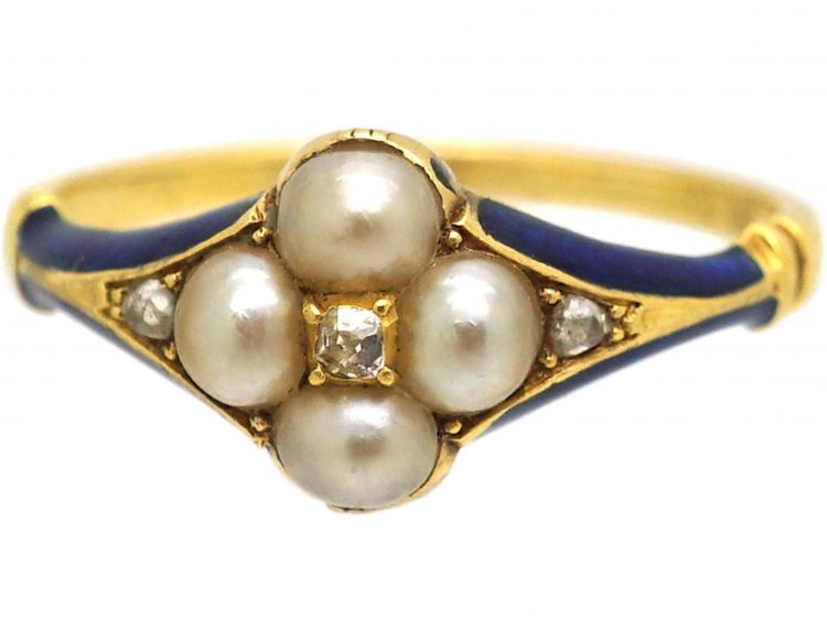 Early 19th Century, Royal Blue Enamel, Natural Split Pearl & Diamond Ring