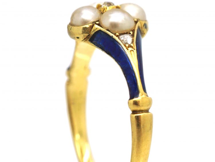 Early 19th Century, Royal Blue Enamel, Natural Split Pearl & Diamond Ring