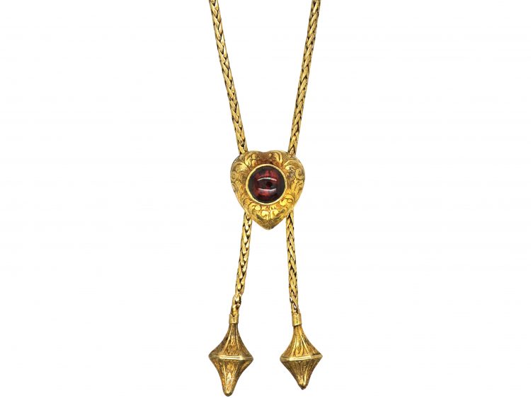 Early 19th Century 15ct Gold Double Drop Chain with Heart Slide set with a Cabochon Garnet
