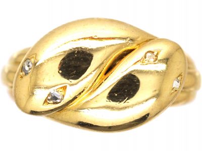 Victorian 18ct Gold Double Snake Ring with Rose Diamond Eyes