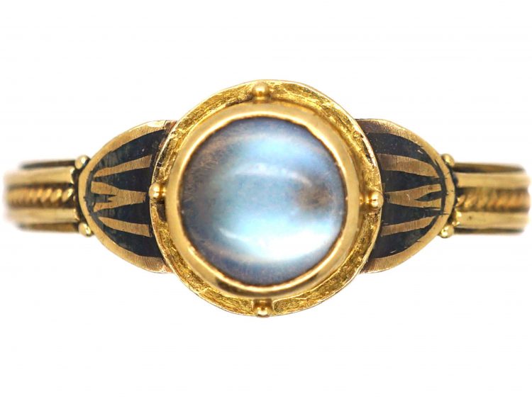 Arts & Crafts 18ct Gold, Black Enamel & Moonstone Ring