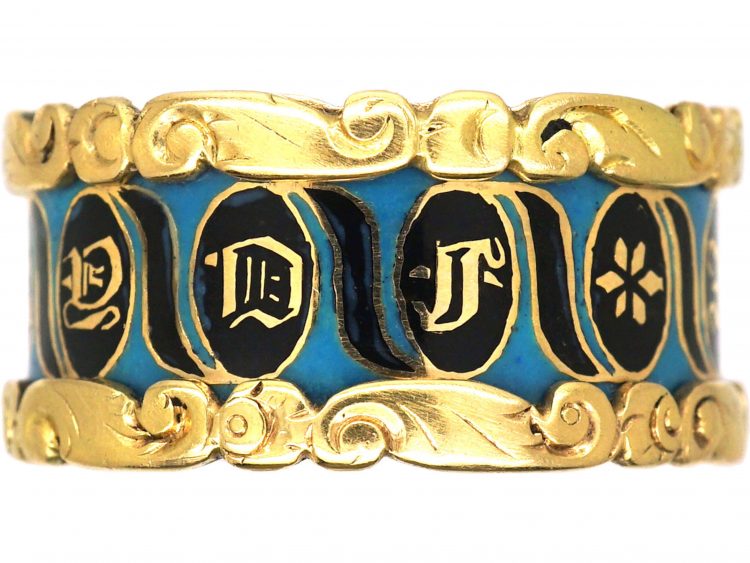 Georgian 18ct Gold, Blue & Black Enamel Mourning Ring