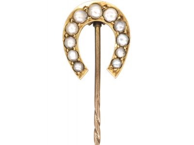 Victorian Large 18ct Gold Tie Pin of a Horseshoe set with Natural Split Pearls
