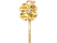 Edwardian 15ct Gold Tie Pin of  a Four Leaf Clover set with a Diamond