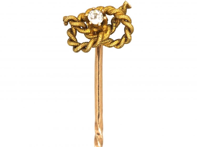 Edwardian 15ct Gold Lover's Knot Tie Pin set with a Diamond