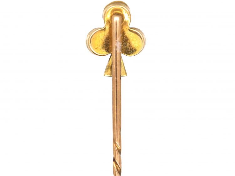 Edwardian 15ct Gold Shamrock Tie Pin set with Turquoise & a Diamond