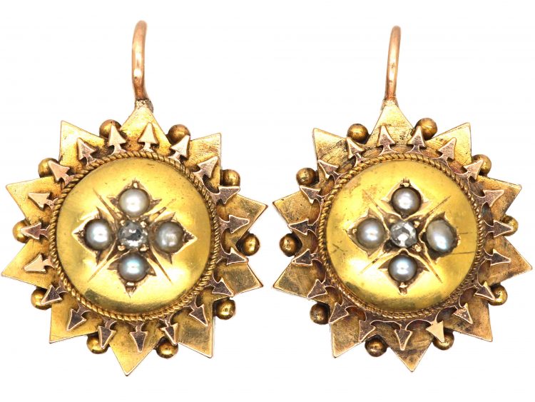 Victorian 15ct Gold & Natural Split Pearl & Rose Diamond Earrings