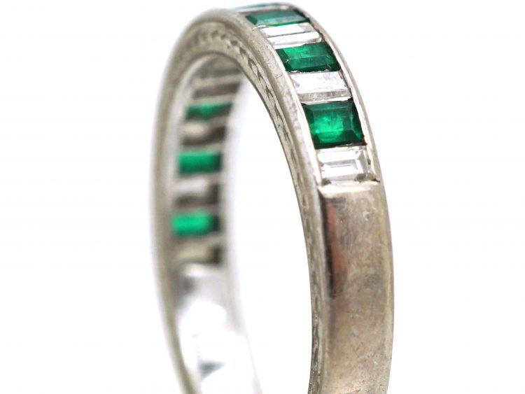 Art Deco Platinum Half Eternity Ring set with Baguette Emeralds & Baguette Diamonds