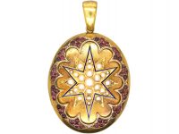 Victorian 18ct Gold Locket with Star Motif set with Natural Split Pearls & Cabochon Rubies