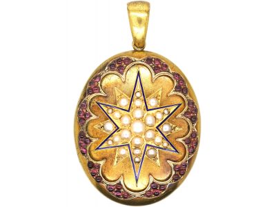 Victorian 18ct Gold Locket with Star Motif set with Natural Split Pearls & Cabochon Rubies