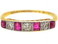 Art Deco 18ct Gold & Platinum, Ruby & Diamond Six Stone Ring