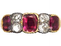 Georgian 18ct Gold & Silver Three Stone Ruby Ring with Diamonds In Between
