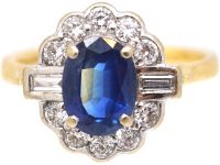 18ct Gold, Sapphire & Diamond Cluster Ring with Round & Baguette Diamonds