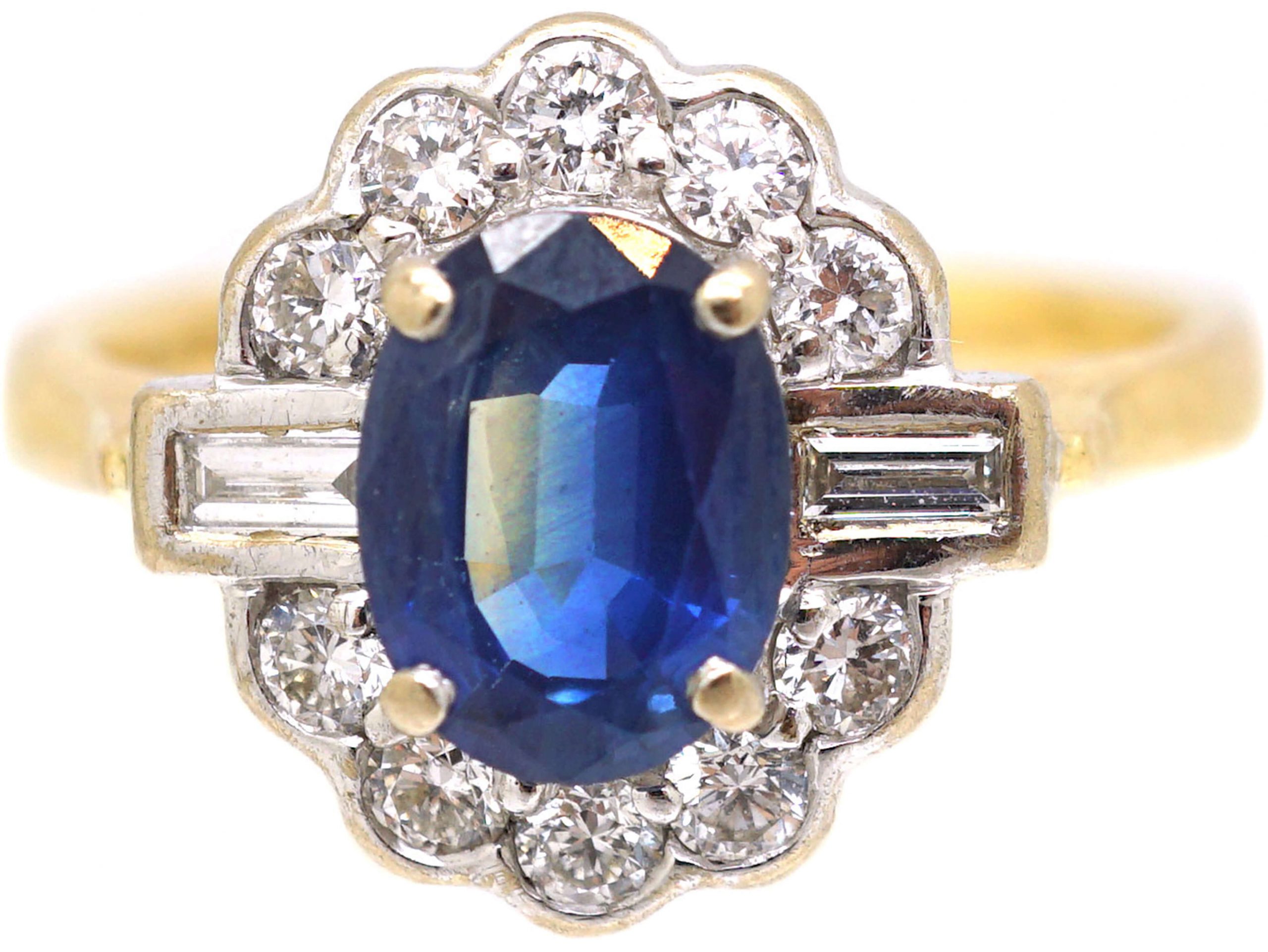 18ct Gold, Sapphire & Diamond Cluster Ring with Round & Baguette ...