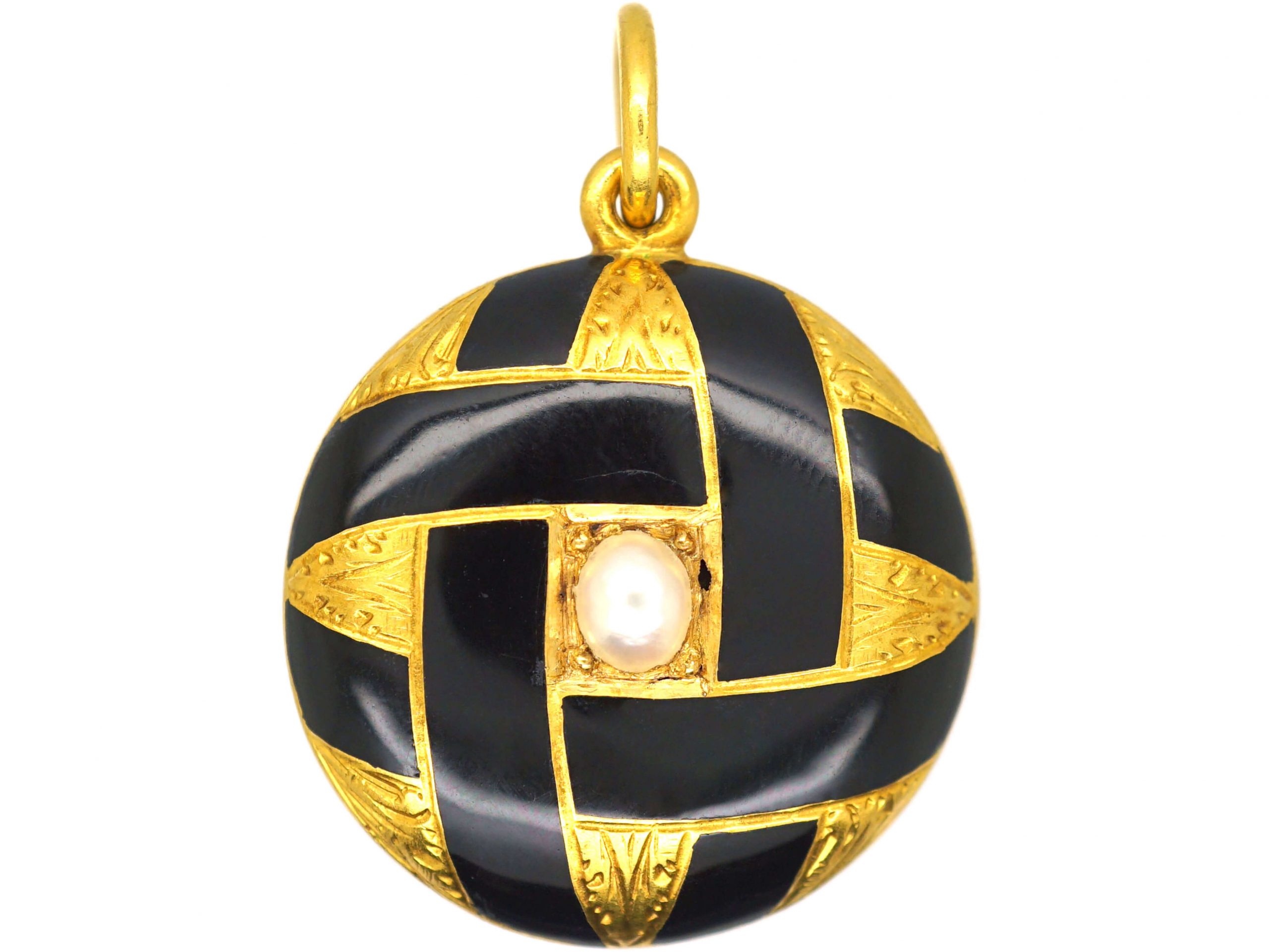 Victorian 18ct Gold, Black Enamel & Pearl Pendant with Locket & Coronet on the Reverse