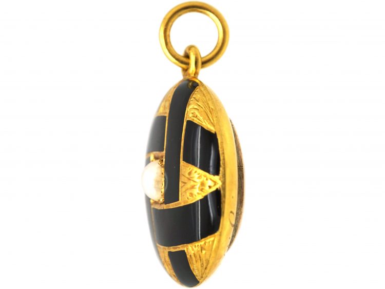 Victorian 18ct Gold, Black Enamel & Pearl Pendant with Locket & Coronet on the Reverse