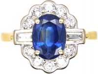 18ct Gold, Sapphire & Diamond Cluster Ring with Round & Baguette Diamonds