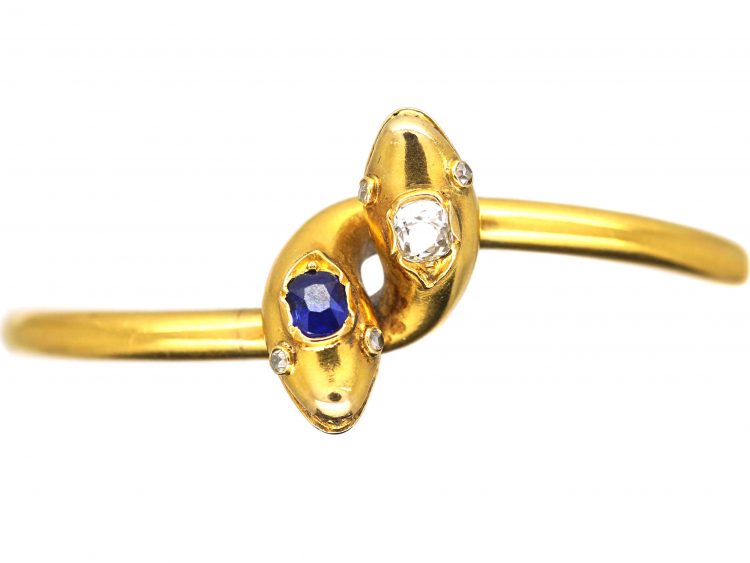 Victorian 18ct Gold Double Snake Bangle set with a Diamond & a Sapphire with Rose Diamond Eyes