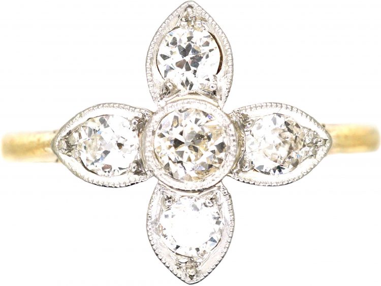 Art Deco 18ct Gold & Platinum Quatrefoil Ring set with Diamonds