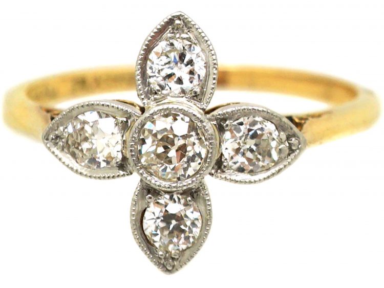 Art Deco 18ct Gold & Platinum Quatrefoil Ring set with Diamonds