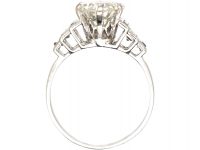Art Deco Platinum Diamond Solitaire Ring with Step Cut Baguette Diamond Shoulders