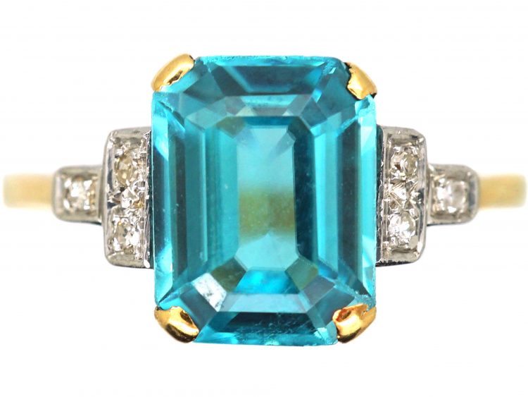 Art Deco 18ct Gold & Platinum, Rectangular Cut Zircon Ring with Diamond Set Shoulders