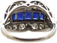 Art Deco Platinum Double Buckle Ring set with Calibre Sapphires & Diamonds