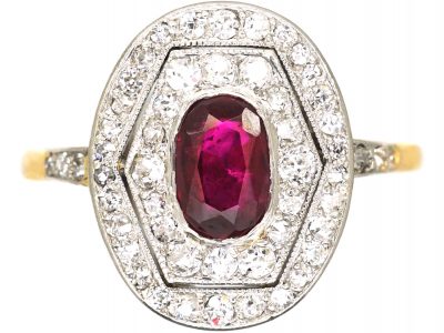 Art Deco 18ct Gold & Platinum, Ruby & Diamond Geometric Cluster Ring