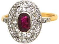 Art Deco 18ct Gold & Platinum, Ruby & Diamond Geometric Cluster Ring