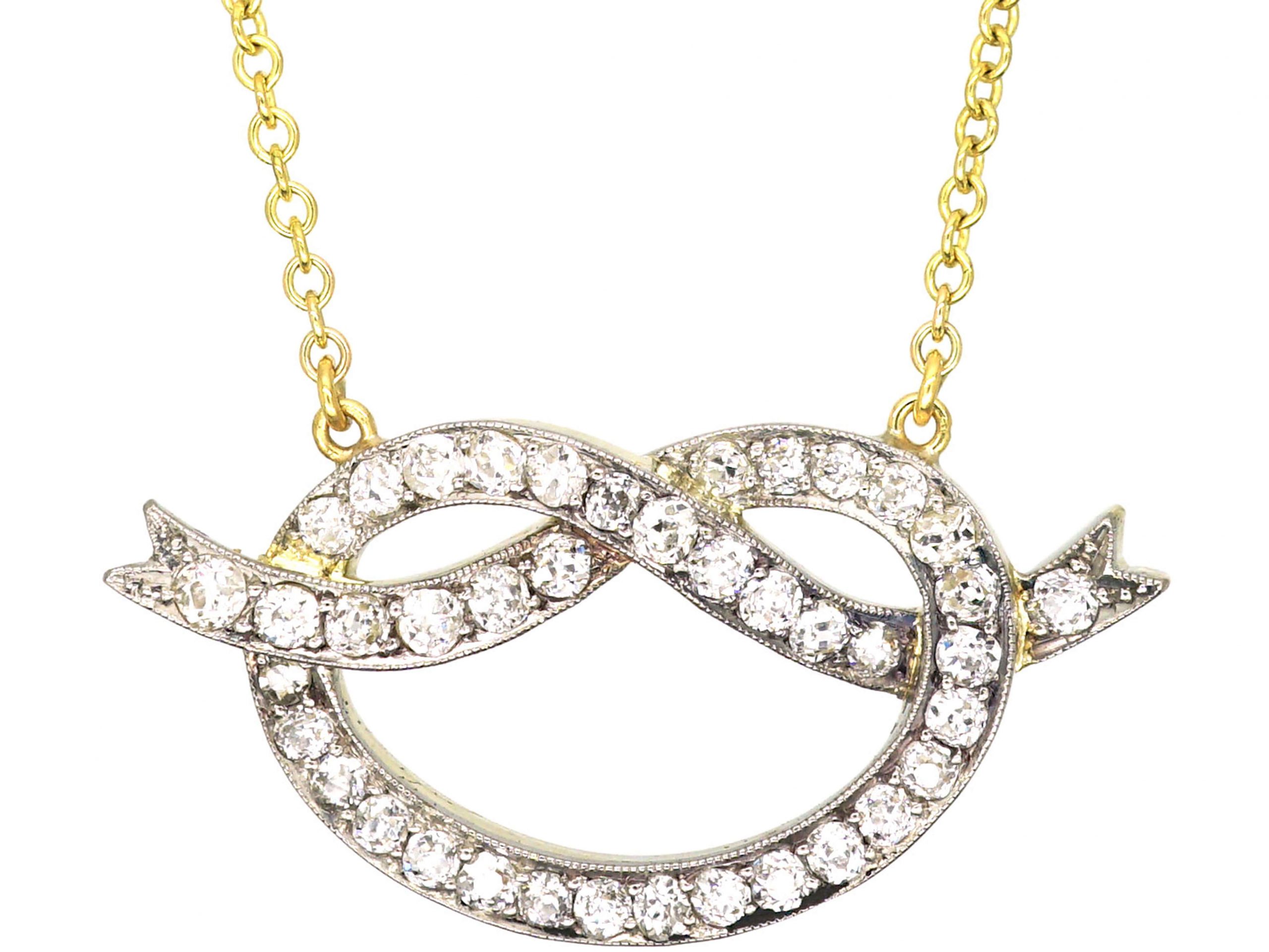Edwardian Lover's Knot Pendant on Chain Set With Diamonds (98U) The Antique Jewellery Company