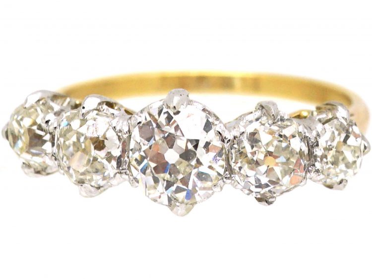Edwardian 18ct Gold & Platinum, Five Stone Old Mine Cut Diamond Ring