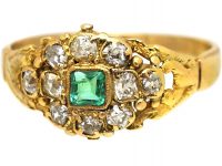 Georgian 18ct Gold, Square Cut Emerald & Diamond Cluster Ring